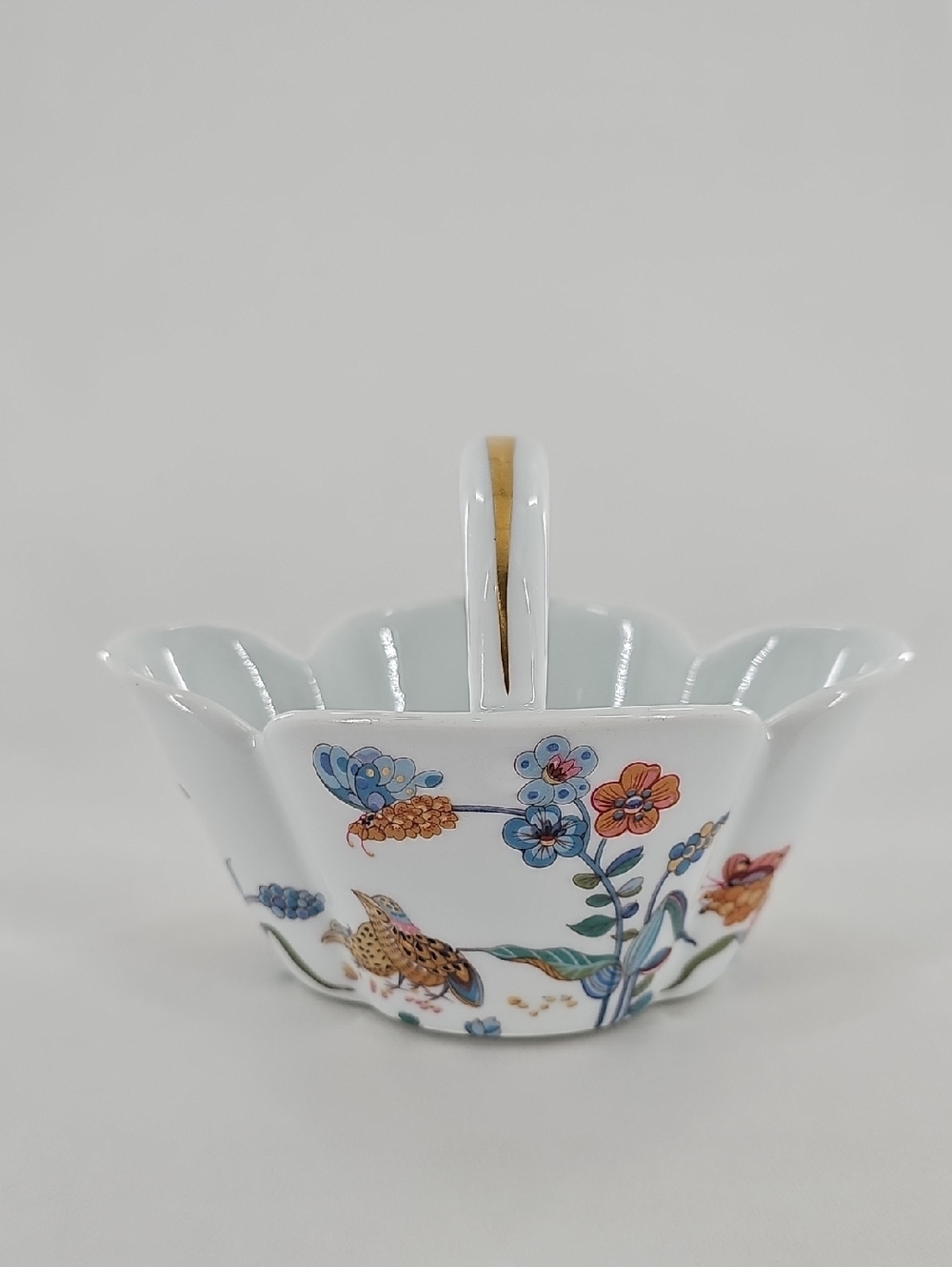 Porcelain Floral & Quail Jewelry Dish with Handle - White